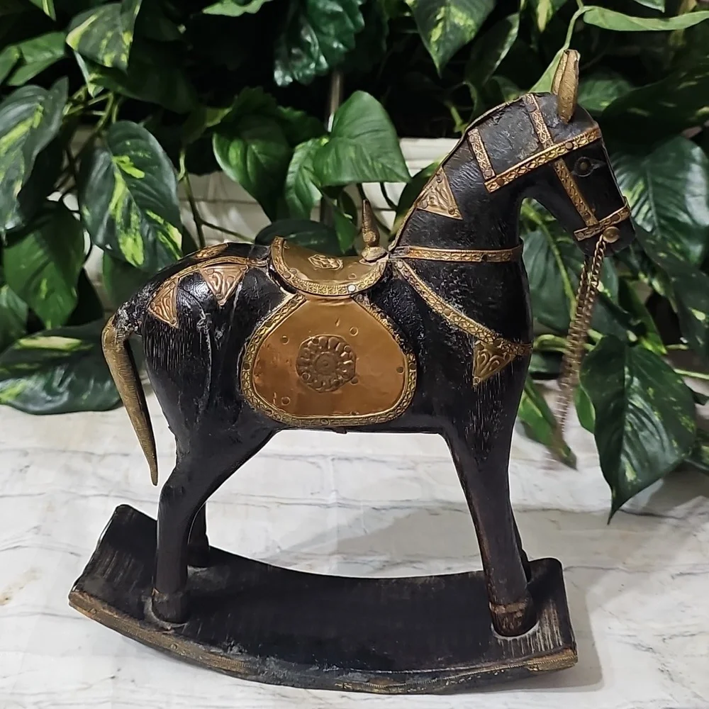 Vintage Carved Wooden Hammered Brass Rocking Horse Decor - Picture 1 of 12